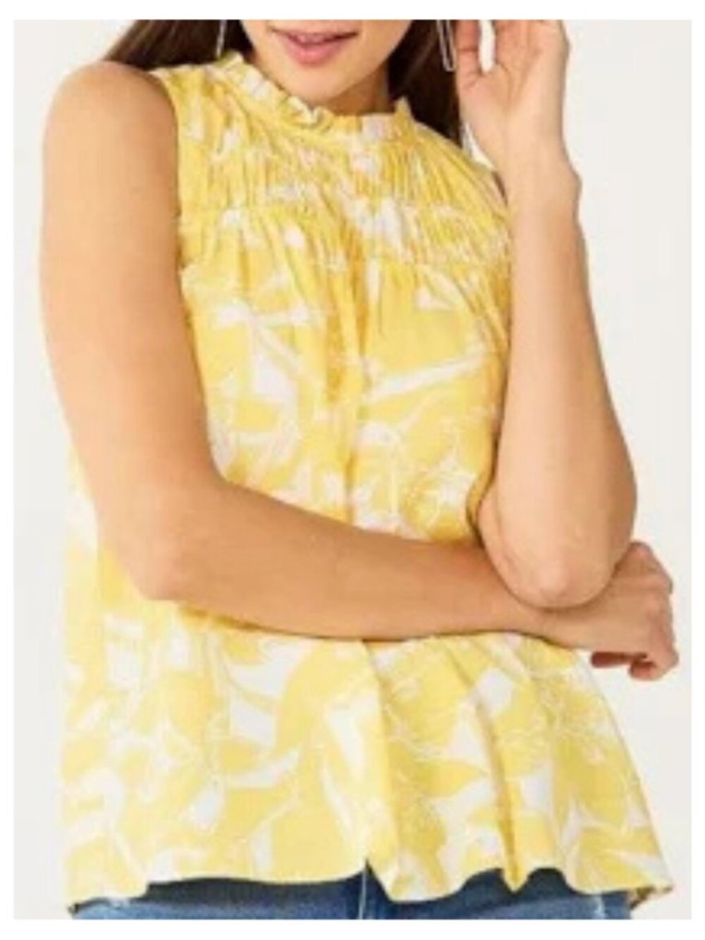 Nine West Yellow and White Floral Smocked Tank Top with Ruffled Neck Size Large